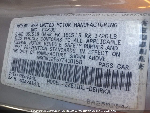 1NXBR12E5YZ410158 - 2000 TOYOTA COROLLA VE/CE/LE 棕色 照片 9