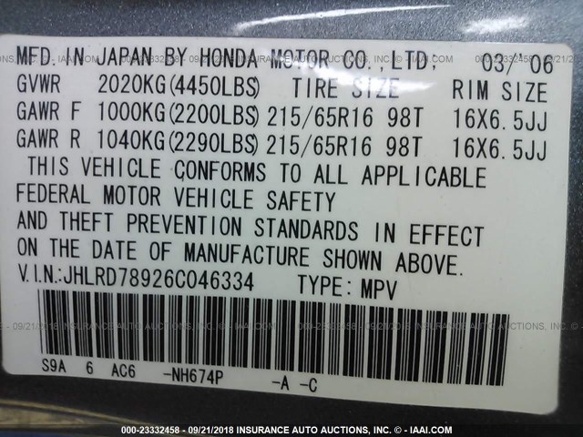 JHLRD78926C046334 - 2006 HONDA CR-V SE/EX GRAY photo 9