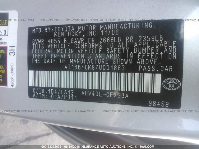 4T1BB46K87U001883 - 2007 TOYOTA CAMRY NEW GENERAT HYBRID SILVER photo 9