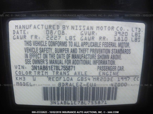 3N1AB61E78L755871 - 2008 NISSAN SENTRA 2.0/2.0S/2.0SL BLACK photo 9