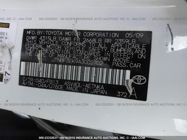 JTNBF3EK9A3002702 - 2010 TOYOTA CAMRY SE/LE/XLE თეთრი ფოტო 9