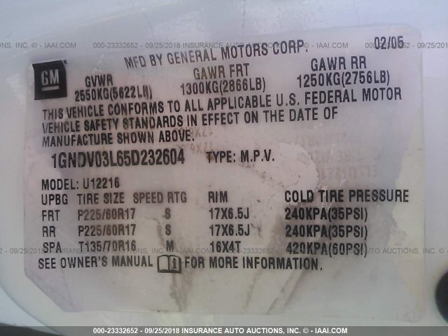 1GNDV03L65D232604 - 2005 CHEVROLET UPLANDER WHITE photo 9