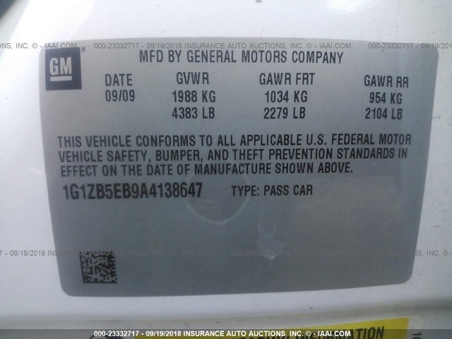 1G1ZB5EB9A4138647 - 2010 CHEVROLET MALIBU LS Ağ foto 9