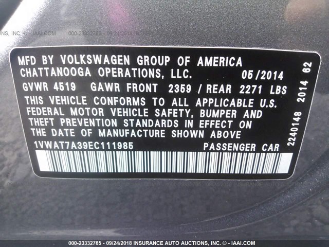 1VWAT7A39EC111985 - 2014 VOLKSWAGEN PASSAT S GRAY photo 9