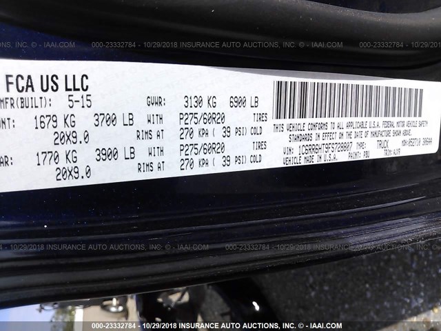 1C6RR6HT9FS728807 - 2015 RAM 1500 SPORT BLUE photo 9