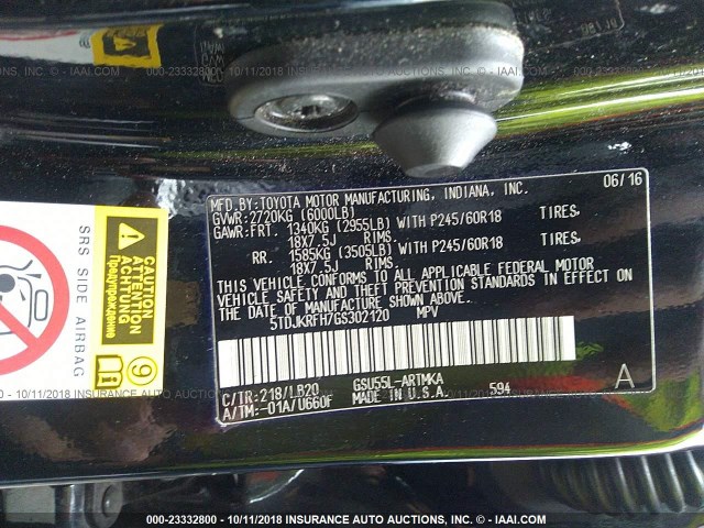 5TDJKRFH7GS302120 - 2016 TOYOTA HIGHLANDER XLE შავი ფოტო 9