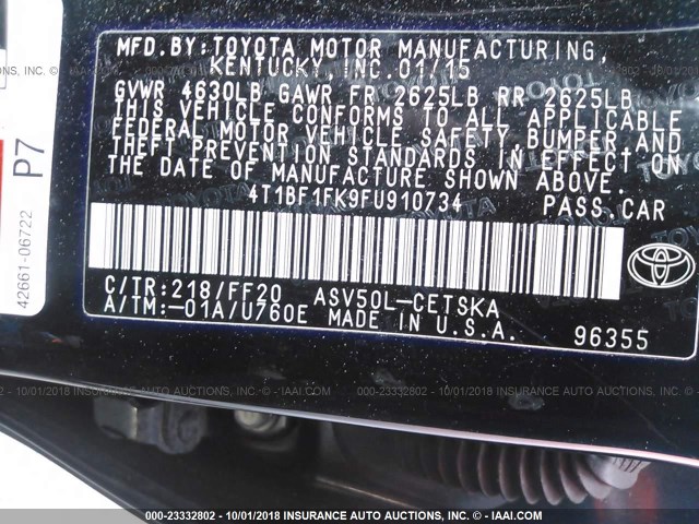 4T1BF1FK9FU910734 - 2015 TOYOTA CAMRY LE/XLE/SE/XSE 黑色 照片 9