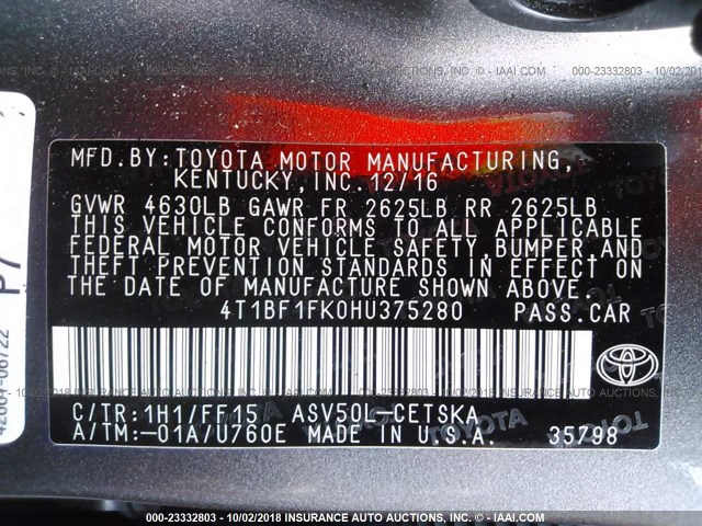 4T1BF1FK0HU375280 - 2017 TOYOTA CAMRY LE/XLE/SE/XSE 灰色 照片 9