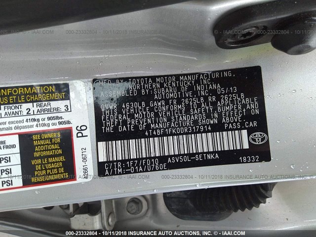 4T4BF1FK0DR317914 - 2013 TOYOTA CAMRY L/SE/LE/XLE SILVER photo 9
