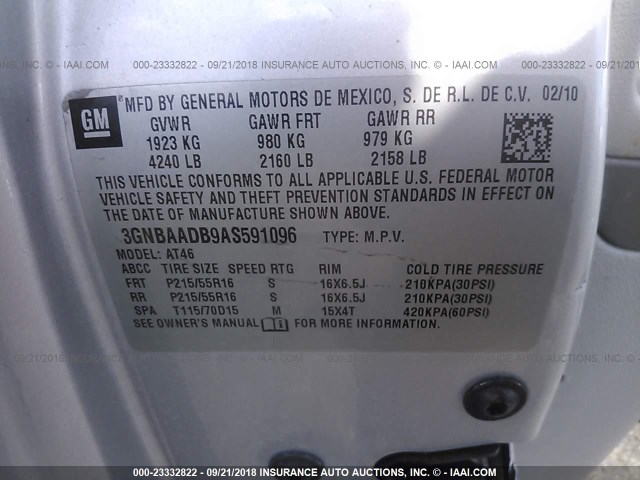 3GNBAADB9AS591096 - 2010 CHEVROLET HHR LS SILVER photo 9