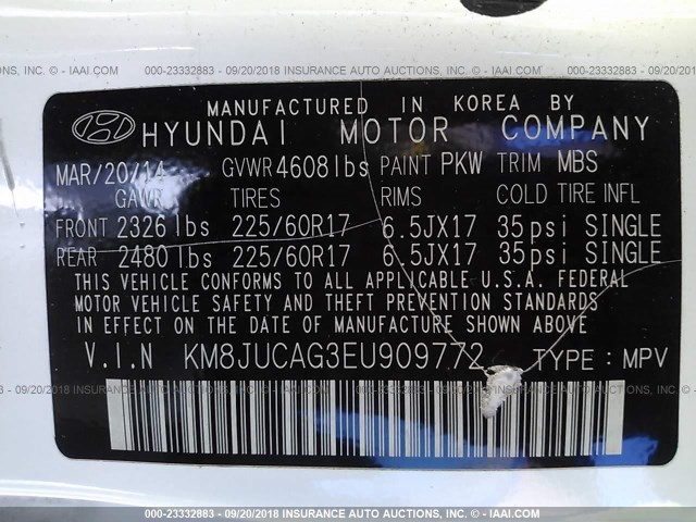 KM8JUCAG3EU909772 - 2014 HYUNDAI Tucson GLS/LIMITED/SE WHITE photo 9