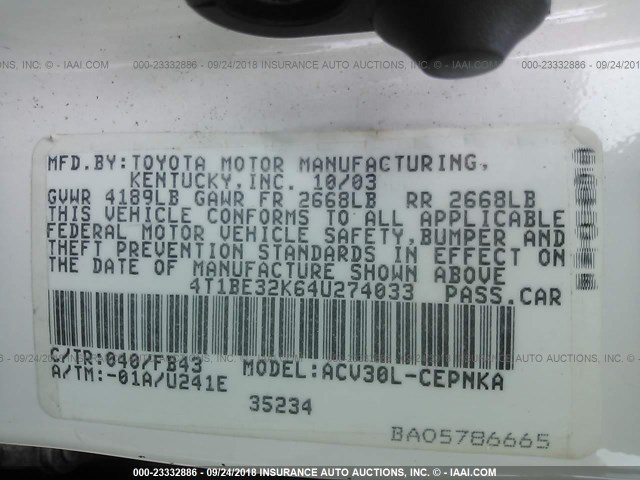 4T1BE32K64U274033 - 2004 TOYOTA CAMRY LE/XLE/SE Ақ фото 9