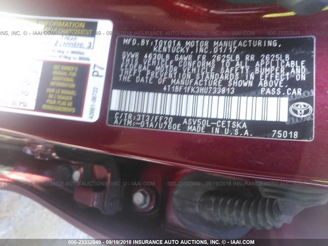 4T1BF1FK3HU733813 - 2017 TOYOTA CAMRY LE/XLE/SE/XSE 红色 照片 9