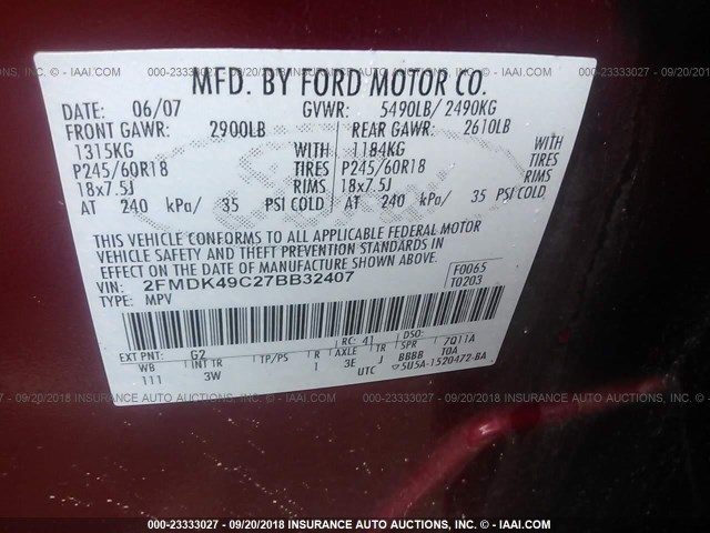 2FMDK49C27BB32407 - 2007 FORD EDGE SEL PLUS RED photo 9