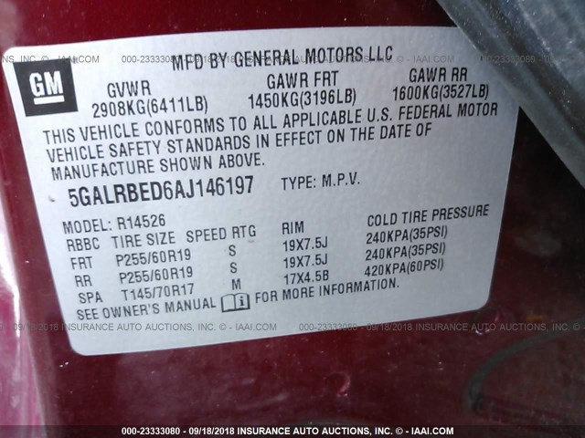5GALRBED6AJ146197 - 2010 BUICK ENCLAVE CXL RED photo 9