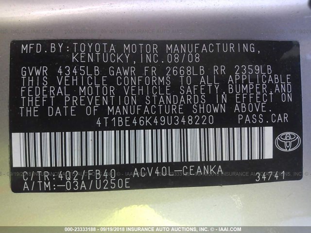 4T1BE46K49U348220 - 2009 TOYOTA CAMRY SE/LE/XLE 金色 照片 9