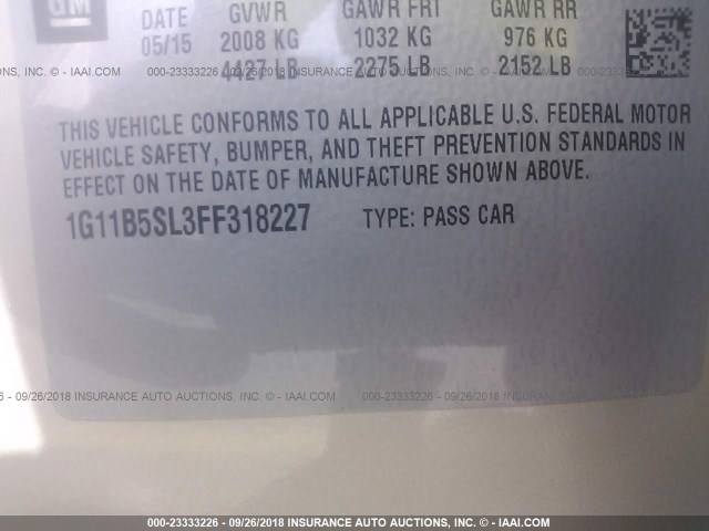 1G11B5SL3FF318227 - 2015 CHEVROLET MALIBU LS 金色 照片 9