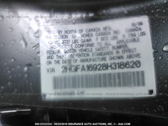 2HGFA16928H318620 - 2008 HONDA CIVIC EXL ნაცრისფერი ფოტო 9