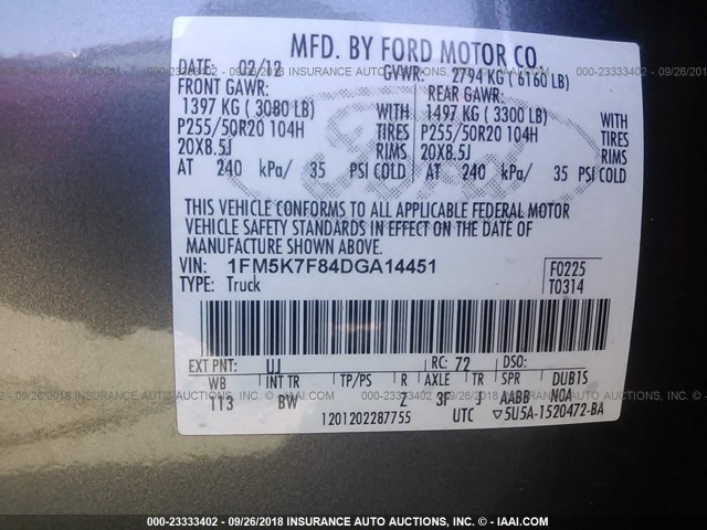 1FM5K7F84DGA14451 - 2013 FORD EXPLORER LIMITED GRAY photo 9