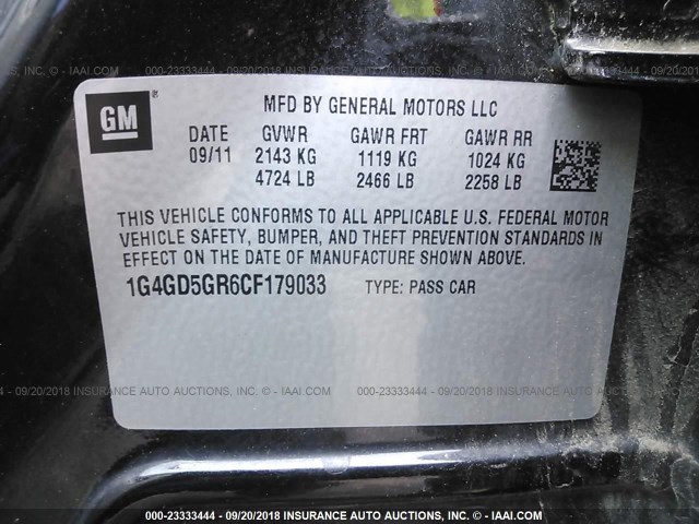 1G4GD5GR6CF179033 - 2012 BUICK LACROSSE PREMIUM BLACK photo 9