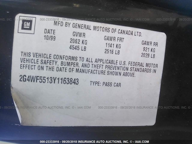 2G4WF5513Y1163843 - 2000 BUICK REGAL GS BLACK photo 9