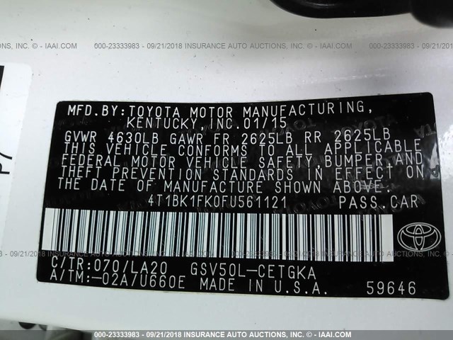 4T1BK1FK0FU561121 - 2015 TOYOTA CAMRY XSE/XLE Ağ foto 9