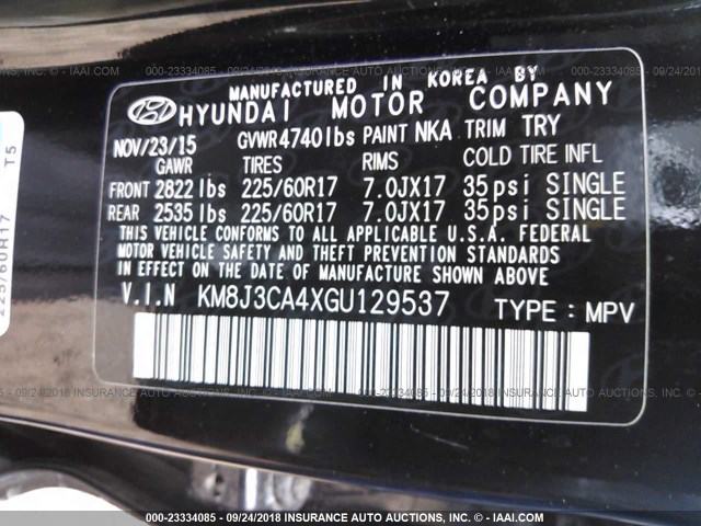 KM8J3CA4XGU129537 - 2016 HYUNDAI TUCSON LIMITED/SPORT AND ECO/SE BLACK photo 9