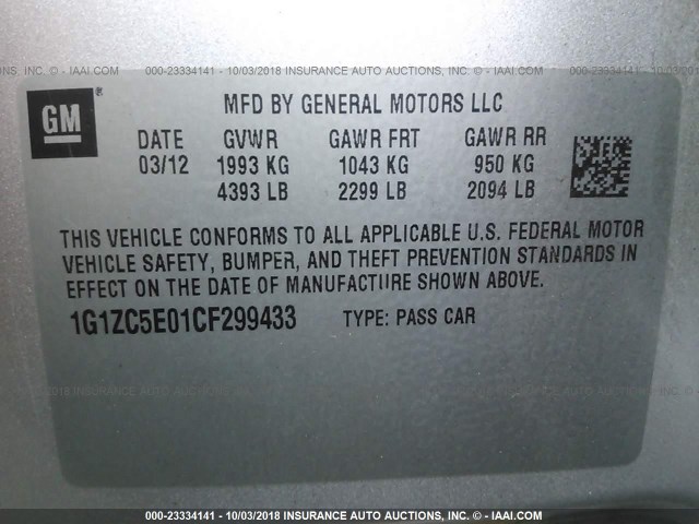 1G1ZC5E01CF299433 - 2012 CHEVROLET MALIBU 1LT SILVER photo 9