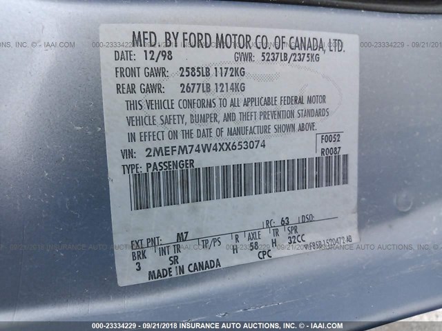 2MEFM74W4XX653074 - 1999 MERCURY GRAND MARQUIS GS BLUE photo 9