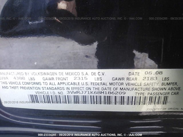 3VWRJ71K68M186209 - 2008 VOLKSWAGEN JETTA WOLFSBURG 黑色 照片 9