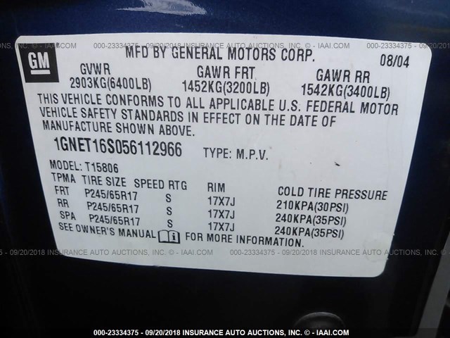 1GNET16S056112966 - 2005 CHEVROLET TRAILBLAZER EXT LS/EXT LT BLUE photo 9