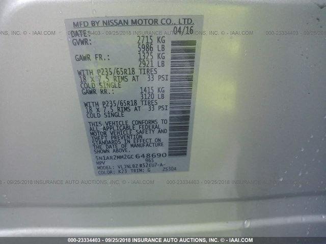 5N1AR2MM2GC648690 - 2016 NISSAN PATHFINDER S/SV/SL/PLATINUM SILVER photo 9
