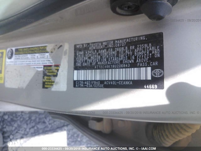 4T1BE46K18U206843 - 2008 TOYOTA CAMRY CE/LE/XLE/SE GOLD photo 9