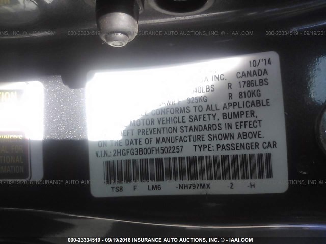 2HGFG3B00FH502257 - 2015 HONDA CIVIC EXL Boz foto 9