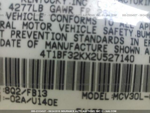 4T1BF32KX2U527140 - 2002 TOYOTA CAMRY LE/XLE/SE Көк фото 9