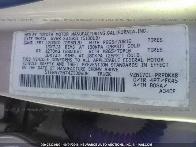 5TEHN72N74Z309606 - 2004 TOYOTA TACOMA DOUBLE CAB 金色 照片 9