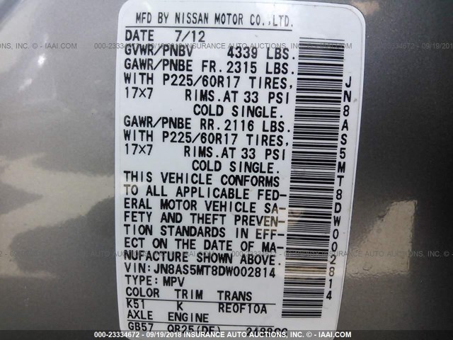 JN8AS5MT8DW002814 - 2013 NISSAN ROGUE S/SV GRAY photo 9