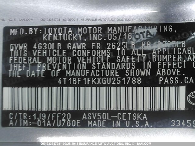 4T1BF1FKXGU251788 - 2016 TOYOTA CAMRY LE/XLE/SE/XSE 银色 照片 9