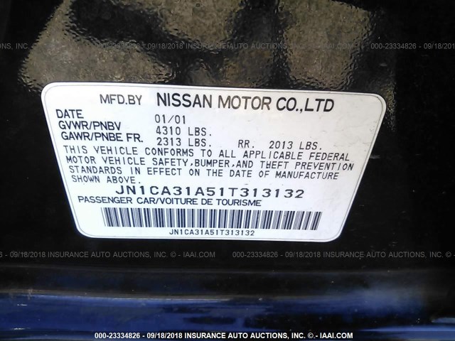 JN1CA31A51T313132 - 2001 NISSAN MAXIMA GXE/SE/GLE/20TH ANNIV BLACK photo 9