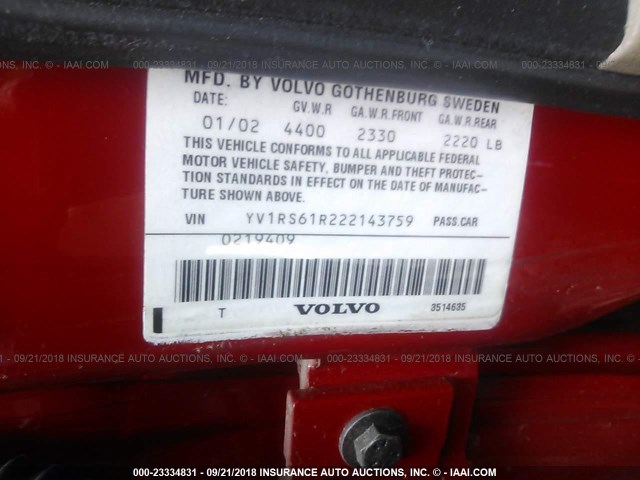 YV1RS61R222143759 - 2002 VOLVO S60 Червоний фото 9