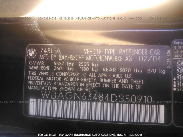 WBAGN63484DS50910 - 2004 BMW 745 LI Negro foto 9