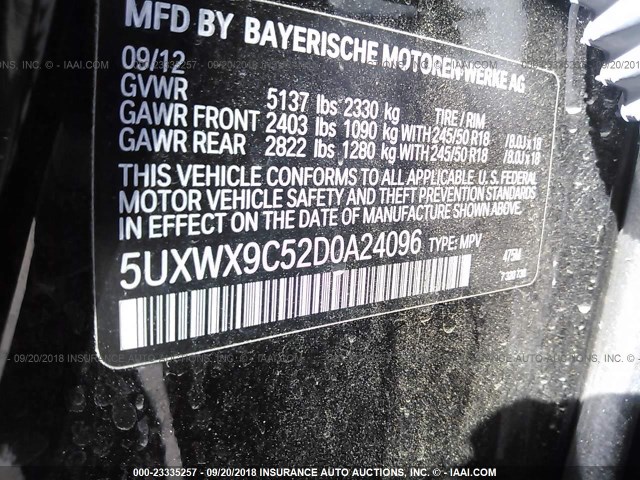 5UXWX9C52D0A24096 - 2013 BMW X3 XDRIVE28I შავი ფოტო 9