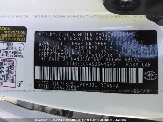 4T1BE30K45U541643 - 2005 TOYOTA CAMRY LE/XLE/SE Ақ фото 9