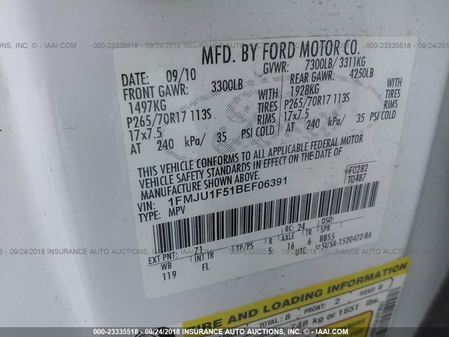 1FMJU1F51BEF06391 - 2011 FORD EXPEDITION XL WHITE photo 9