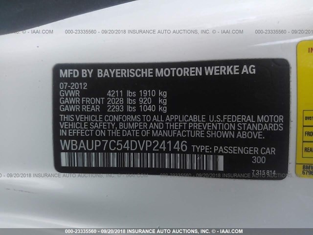 WBAUP7C54DVP24146 - 2013 BMW 128 I WHITE photo 9