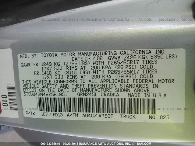 5TEUU42N48Z561951 - 2008 TOYOTA TACOMA ACCESS CAB Күміс фото 9