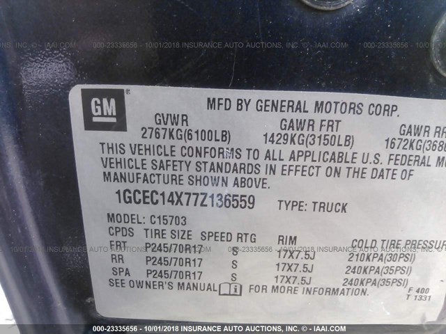 1GCEC14X77Z136559 - 2007 CHEVROLET SILVERADO C1500 CLASSIC BLUE photo 9