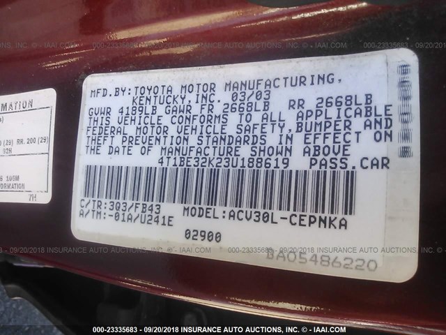 4T1BE32K23U188619 - 2003 TOYOTA CAMRY LE/XLE/SE Қызыл фото 9