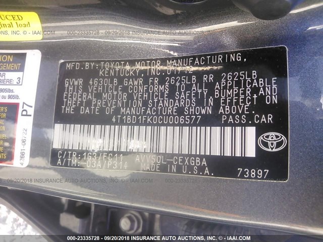 4T1BD1FK0CU006577 - 2012 TOYOTA CAMRY HYBRID/LE/XLE 灰色 照片 9