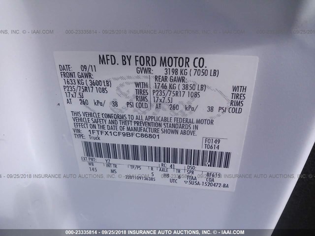 1FTFX1CF9BFC86801 - 2011 FORD F150 SUPER CAB WHITE photo 9